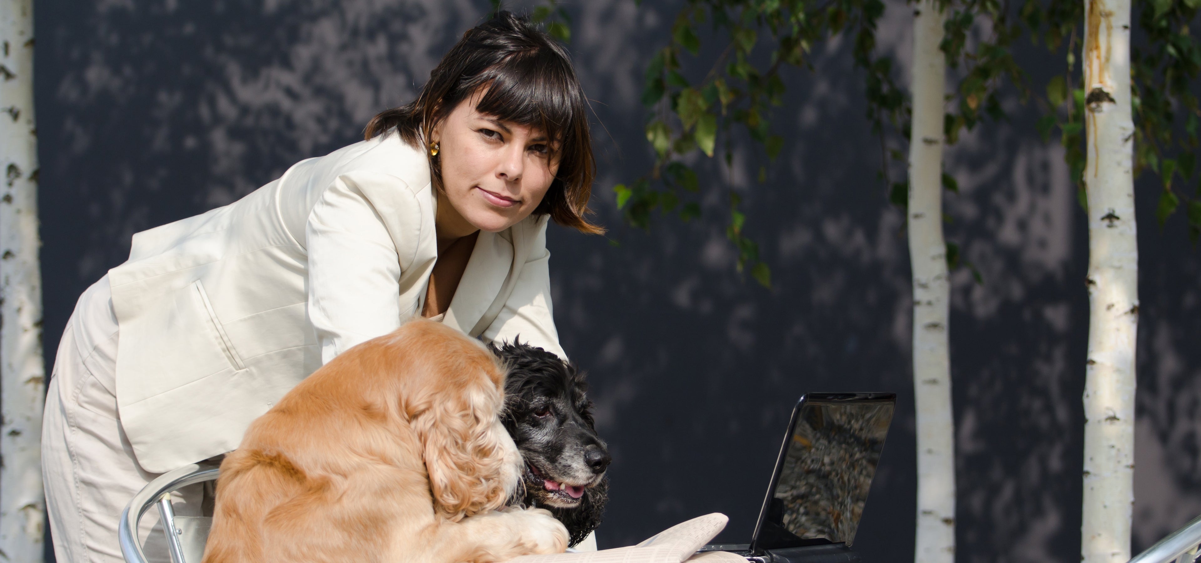 Pet parent with two dogs and laptop outdoors – explore all Petnomo collections