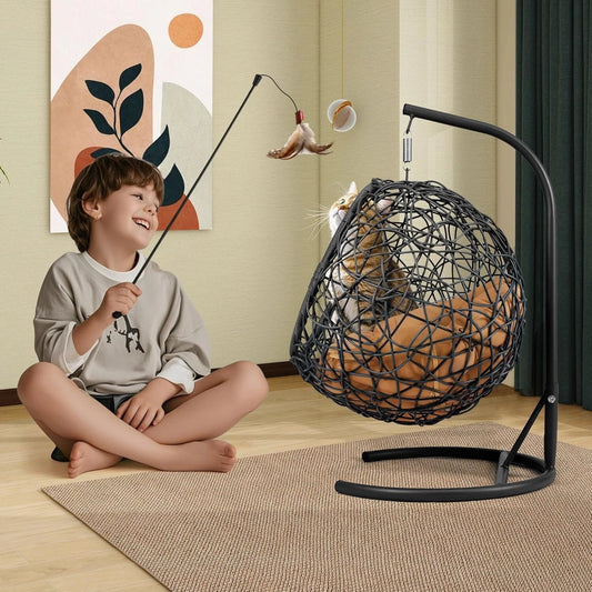 Cat and child playing with Petnomo Modern Pet Hammock Bed with Stand